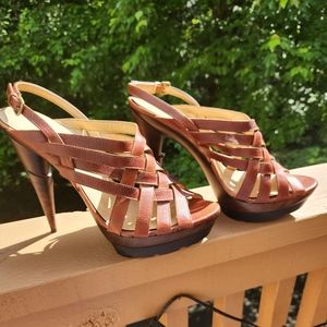 Stuart Weitzman Brown Strappy Stacked Heel Sandal 10